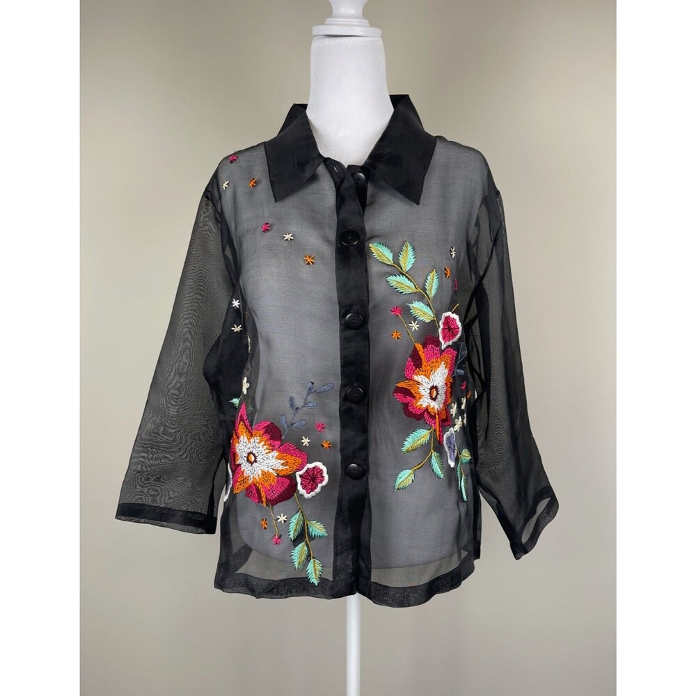 Vintage 90s Florissant Silk Organza Blouse Embroidered Floral Sheer XL